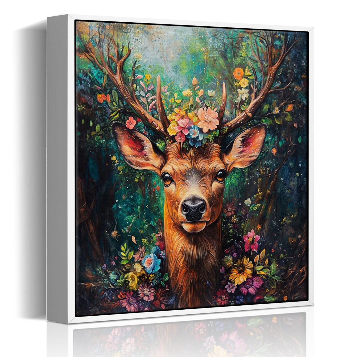 white frame deer in flowers wall art decor canvas