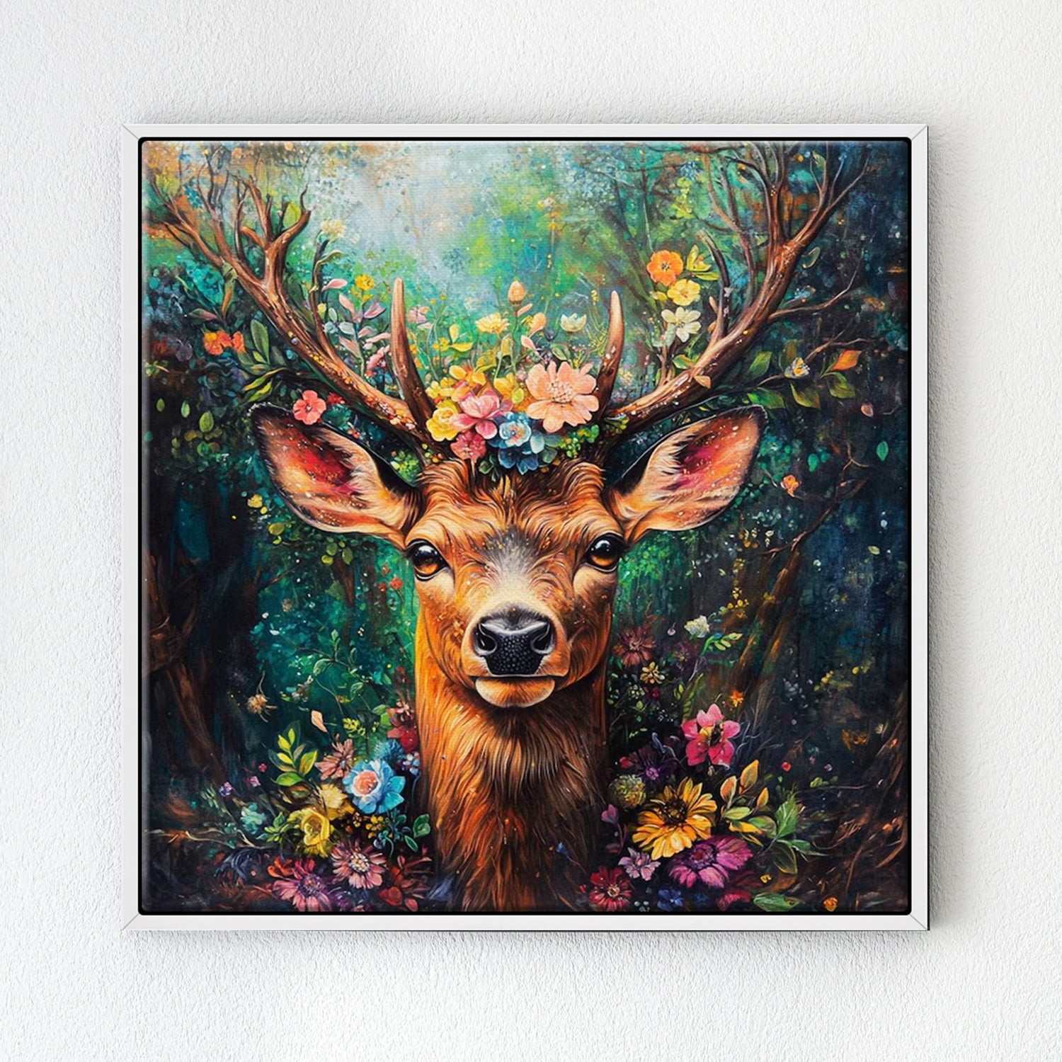 white frame deer in flowers wall art decor painting