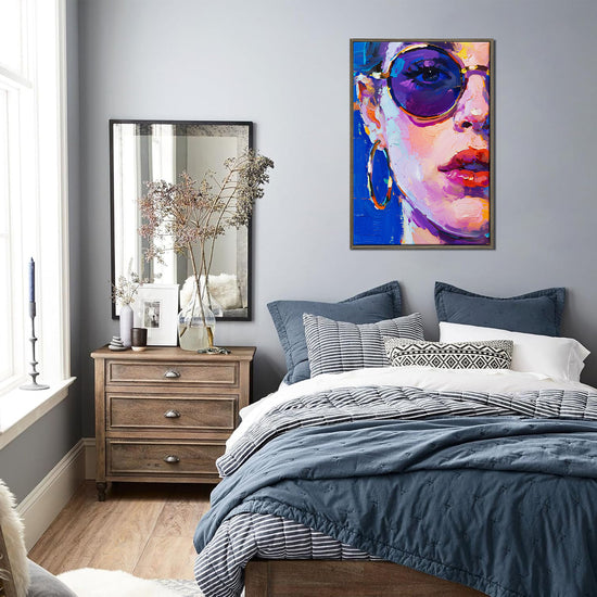 coffee frame wall art painting depicts woman wearing round sunglasses and large hoop earrings