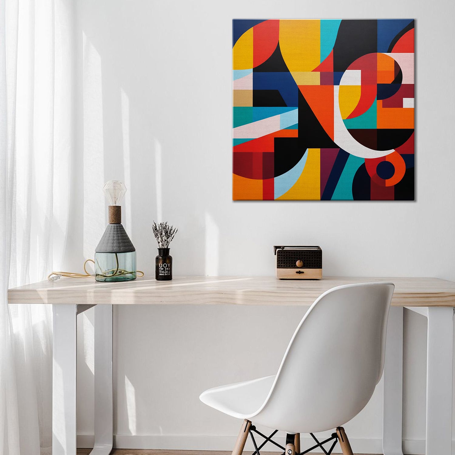 abstract colorful geometric wall art in the office