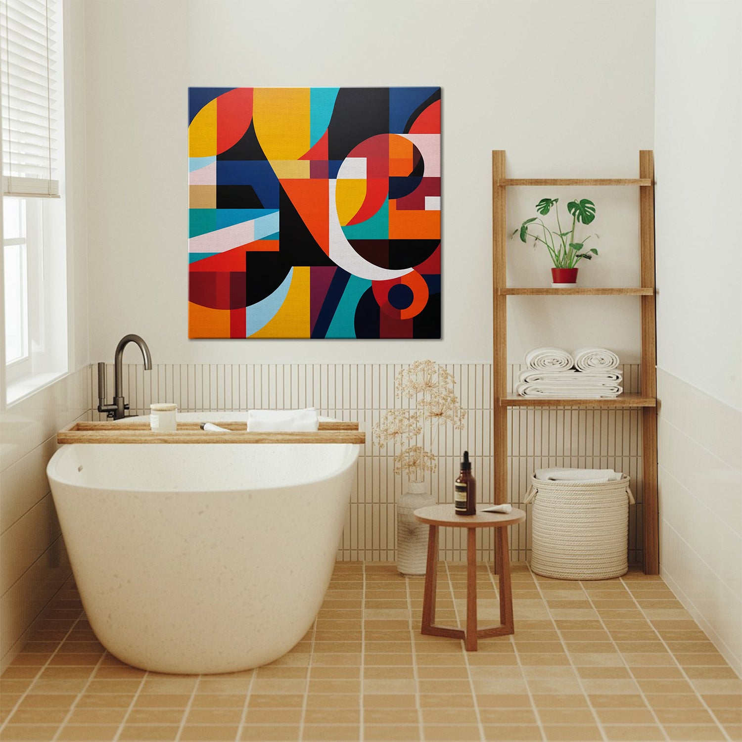 abstract colorful geometric wall art in the bathroom