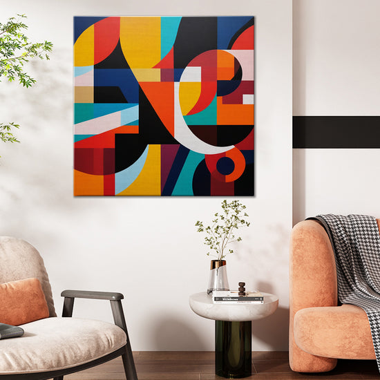 abstract colorful geometric wall art in the living room
