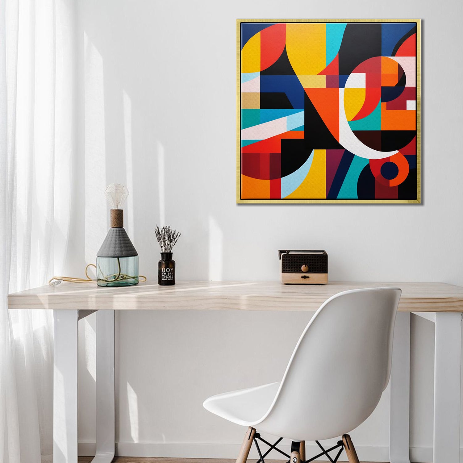 gold frame abstract colorful geometric wall art canvas in the office