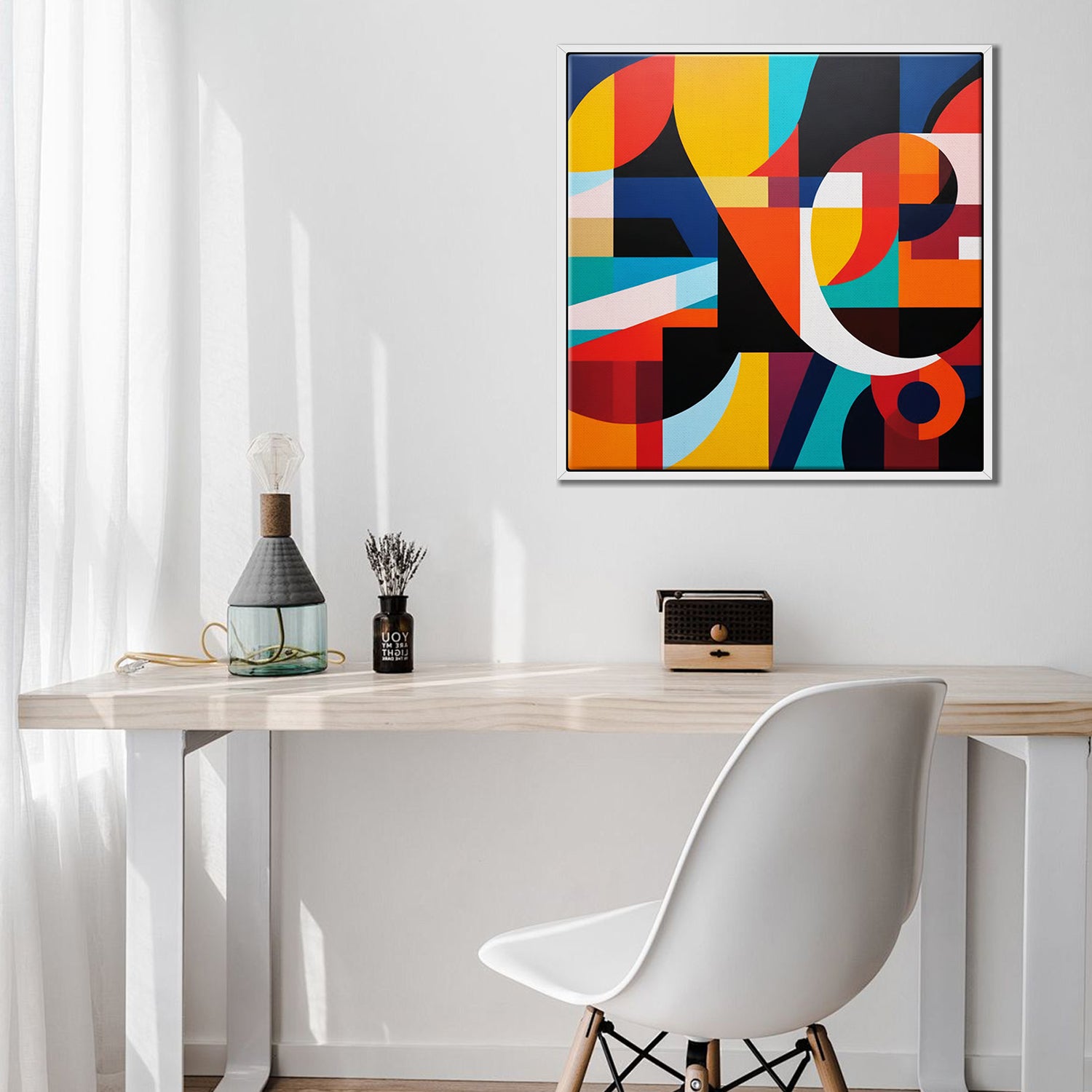 white frame abstract colorful geometric wall art canvas above the table