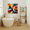 white frame abstract colorful geometric wall art canvas in the bathroom