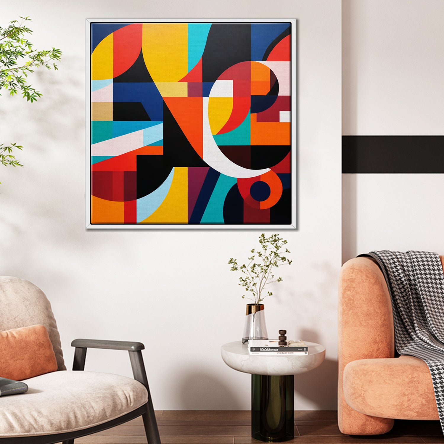 white frame abstract colorful geometric wall art canvas in the living room