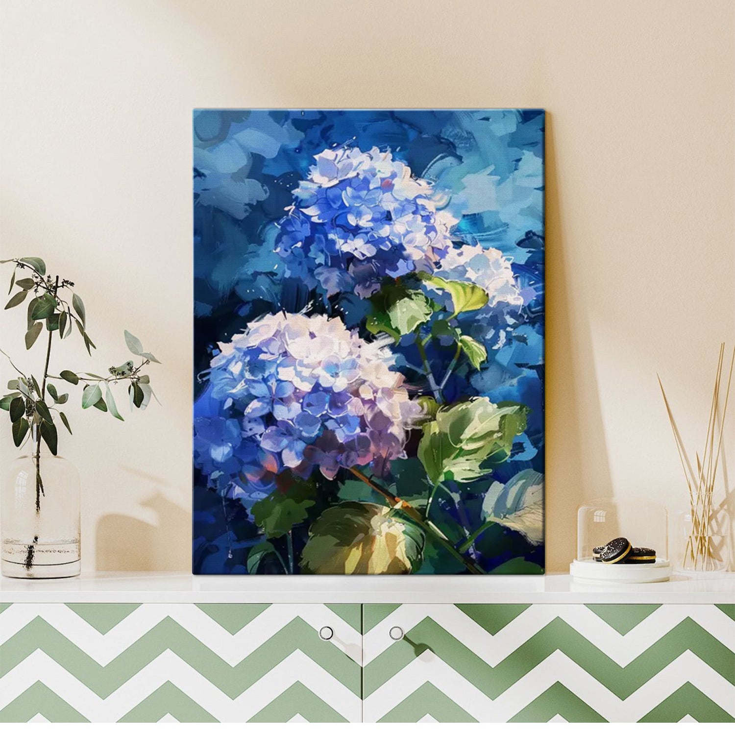 A hydrangea wall art painting on the table