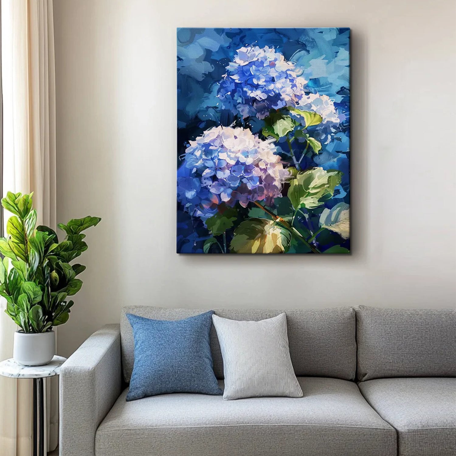 A hydrangea wall art painting hangs above the sofa