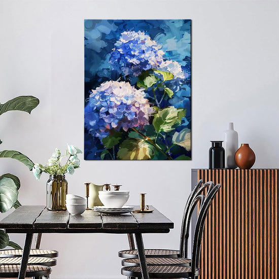 A hydrangea wall art painting in the dining room