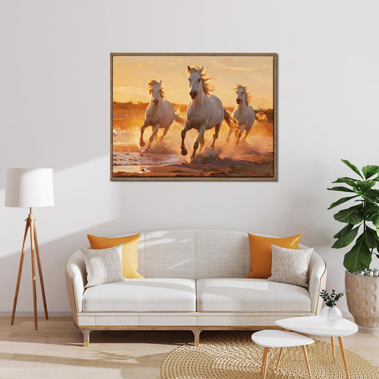 light oak color frame wall art painting of three galloping white horses hanging on the wall in the simple and elegant living room
