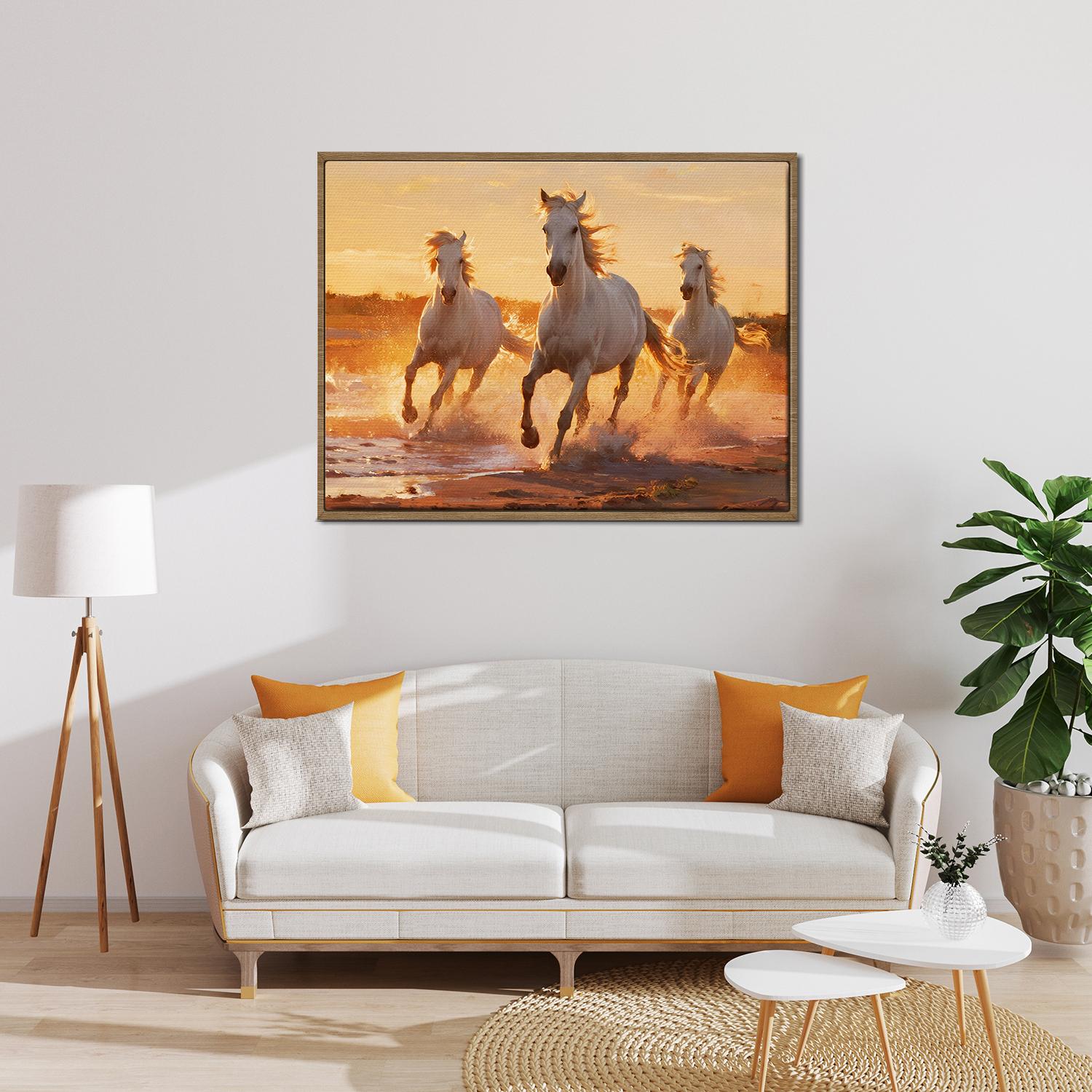 light oak color frame wall art painting of three galloping white horses hanging on the wall in the simple and elegant living room