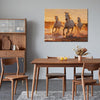 there is a wall art painting of three galloping white horses hanging on the wall in the simple and elegant living room
