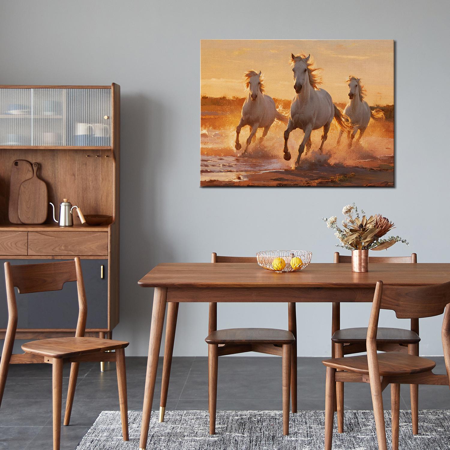 there is a wall art painting of three galloping white horses hanging on the wall in the simple and elegant living room
