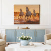 there is a wall art painting of three galloping white horses hanging on the wall in the simple and elegant living room