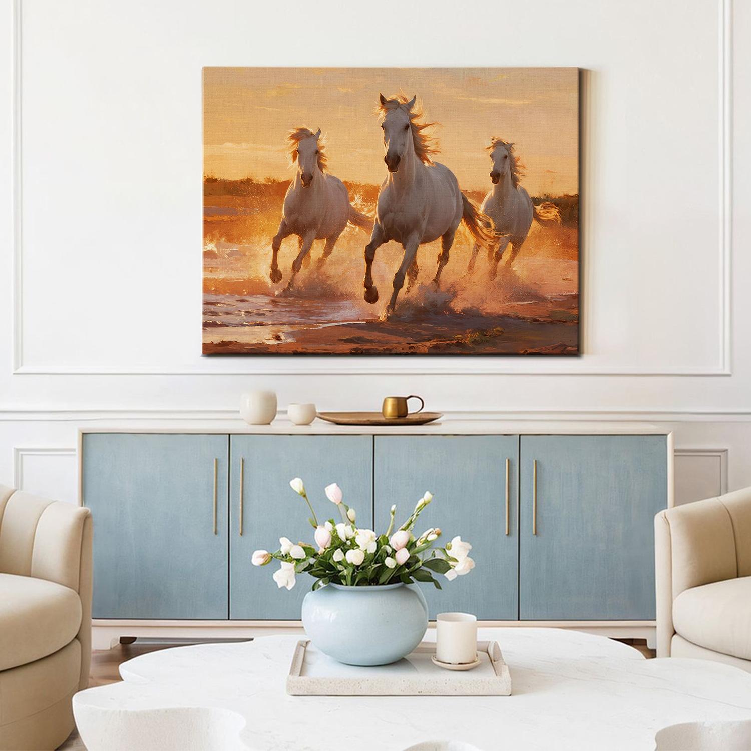 there is a wall art painting of three galloping white horses hanging on the wall in the simple and elegant living room