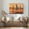 there is a wall art painting of three galloping white horses hanging on the wall in the simple and elegant living room
