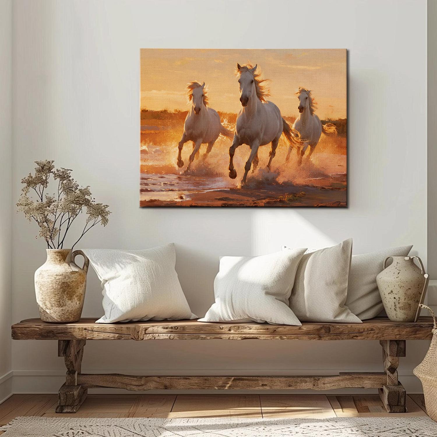 there is a wall art painting of three galloping white horses hanging on the wall in the simple and elegant living room