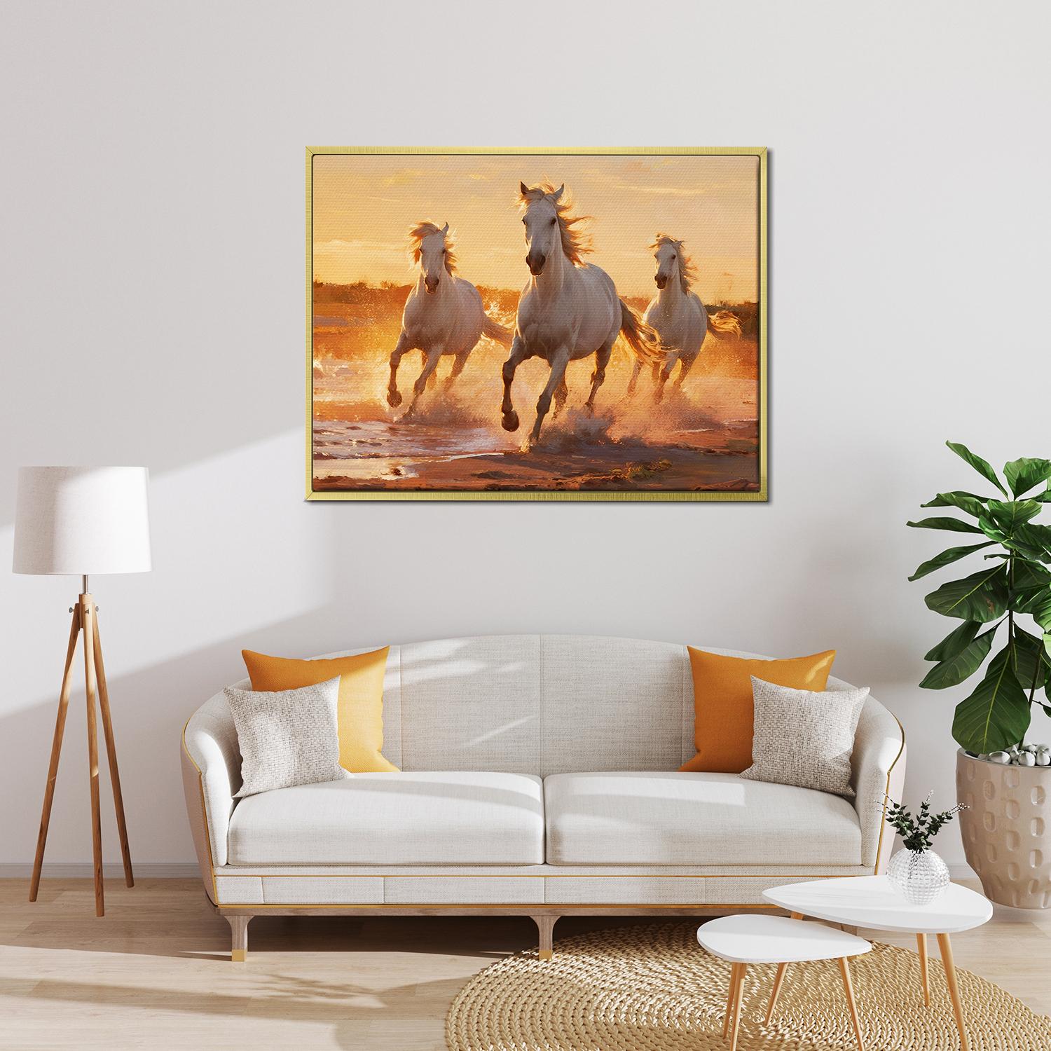 gold frame wall art painting of three galloping white horses hanging on the wall in the simple and elegant living room