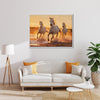 white frame wall art painting of three galloping white horses hanging on the wall in the simple and elegant living room