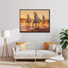 black frame wall art painting of three galloping white horses hanging on the wall in the simple and elegant living room