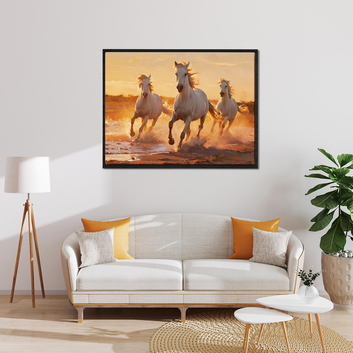 black frame wall art painting of three galloping white horses hanging on the wall in the simple and elegant living room