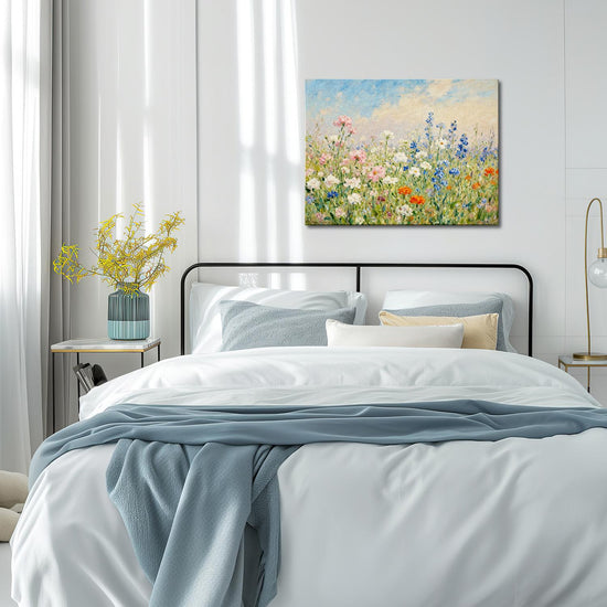 wall art canvas painting in the bedroom depicts a gorgeous sea of flowers