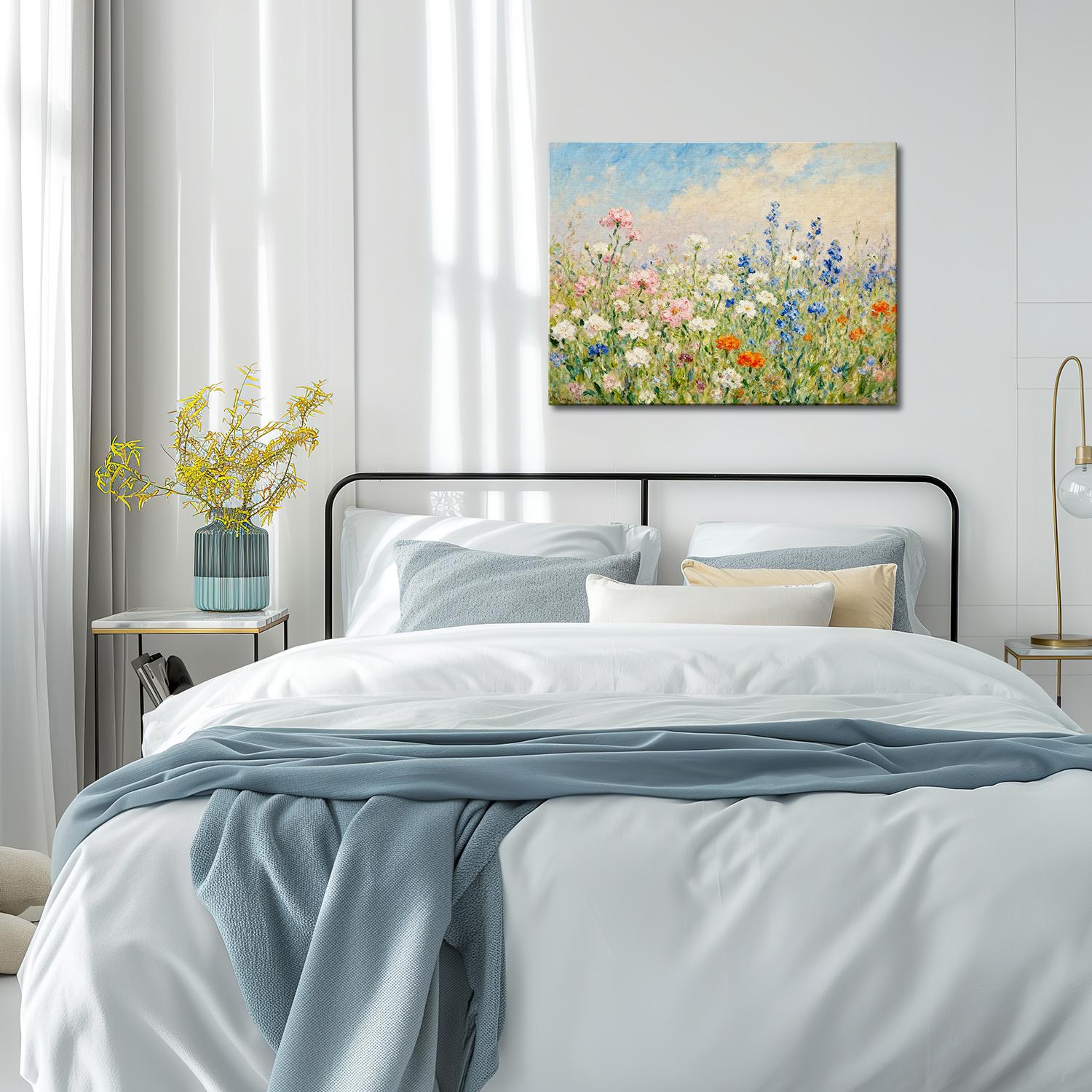 wall art canvas painting in the bedroom depicts a gorgeous sea of flowers