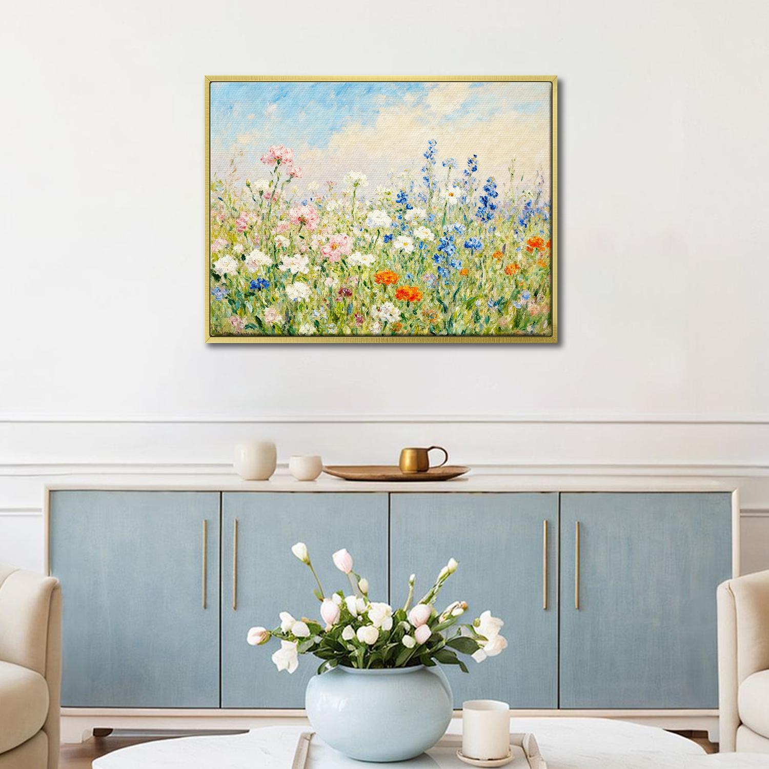 gold frame wall art canvas painting depicts a gorgeous sea of flowers