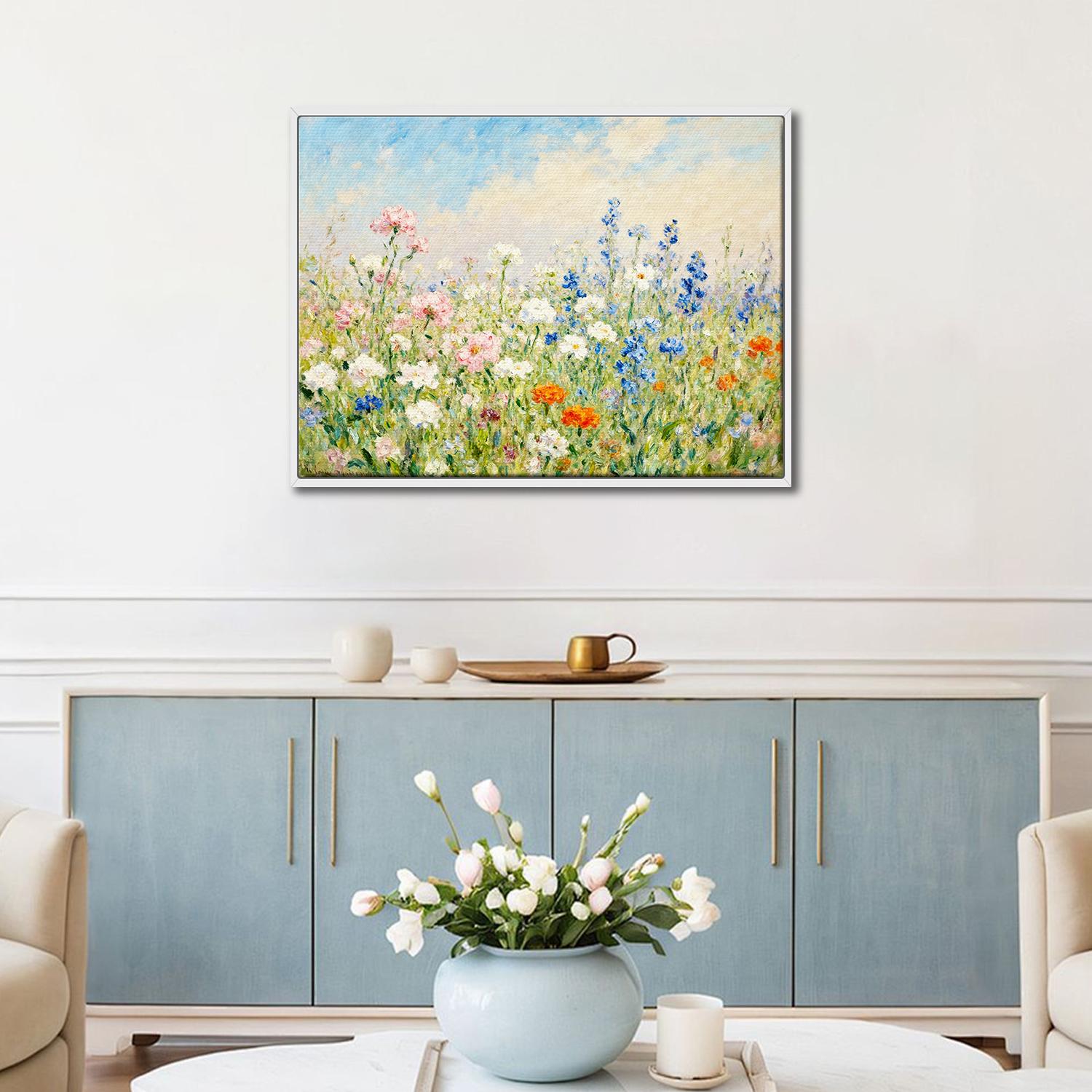 white frame wall art canvas painting depicts a gorgeous sea of flowers