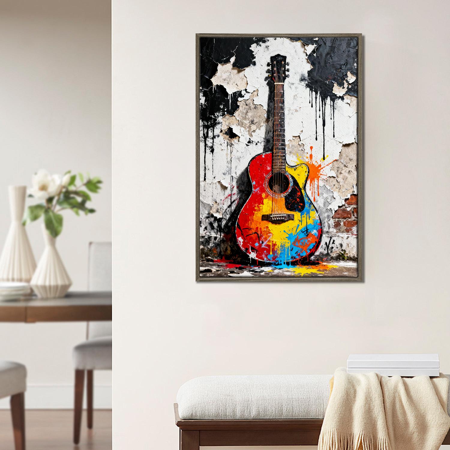 coffee frame wall art canvas colorful guitar art painting hangs on the wall of room