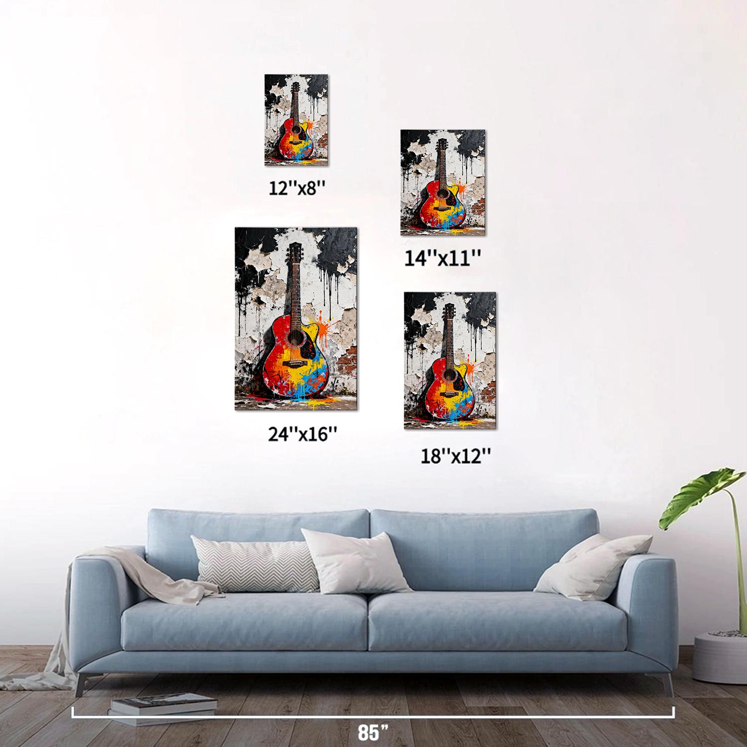 different sizes wall art canvas colorful guitar art painting hangs on the wall of room