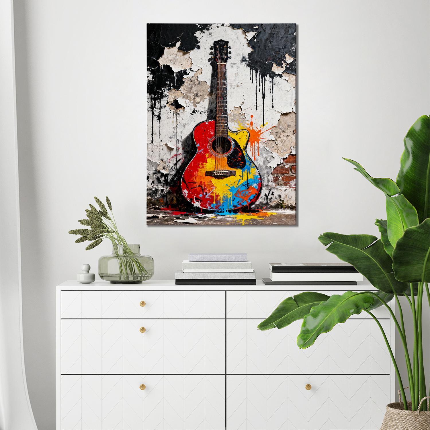 wall art canvas abstract colored guitar above the table