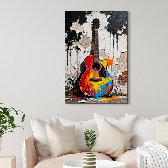 wall art canvas colorful guitar art painting hangs on the wall of room