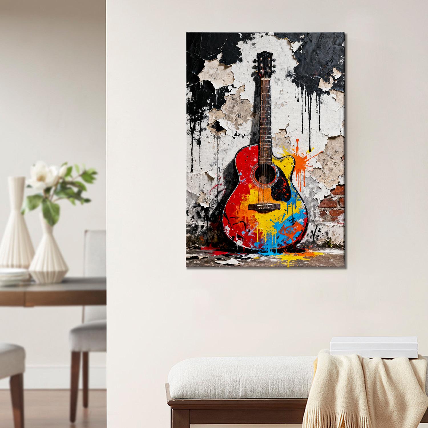 wall art canvas colorful guitar art painting hangs on the wall of room