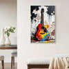 white frame wall art canvas colorful guitar art painting hangs on the wall of room