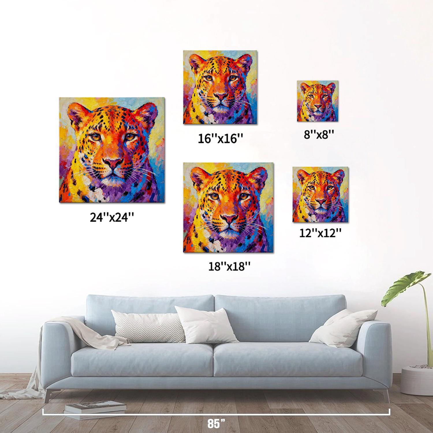 different size wall art canvas painting depicts a vibrantly colored leopard.