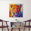 living room wall art canvas painting depicts a vibrantly colored leopard.