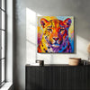 living room wall art canvas painting depicts a vibrantly colored leopard.