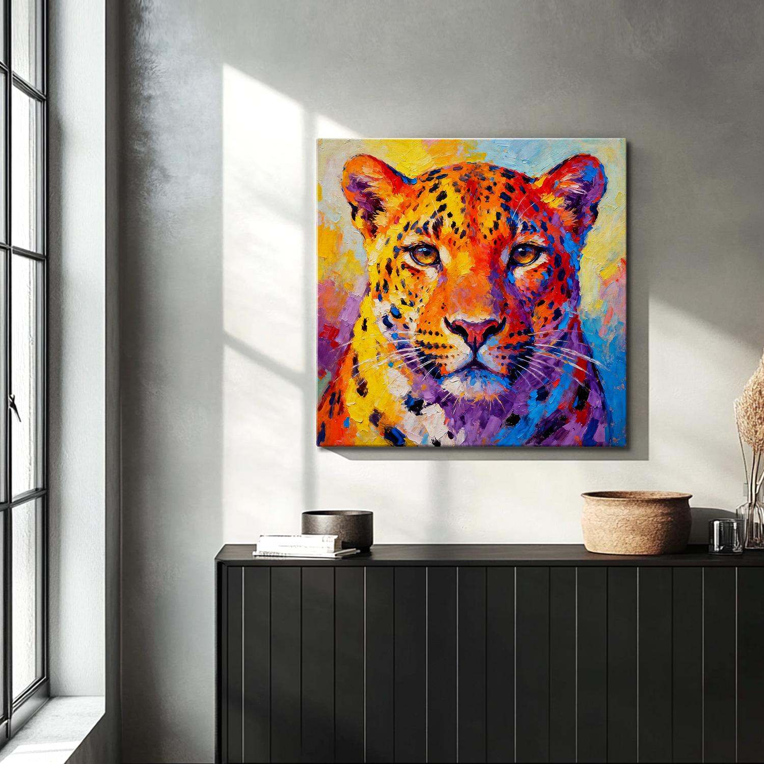 living room wall art canvas painting depicts a vibrantly colored leopard.