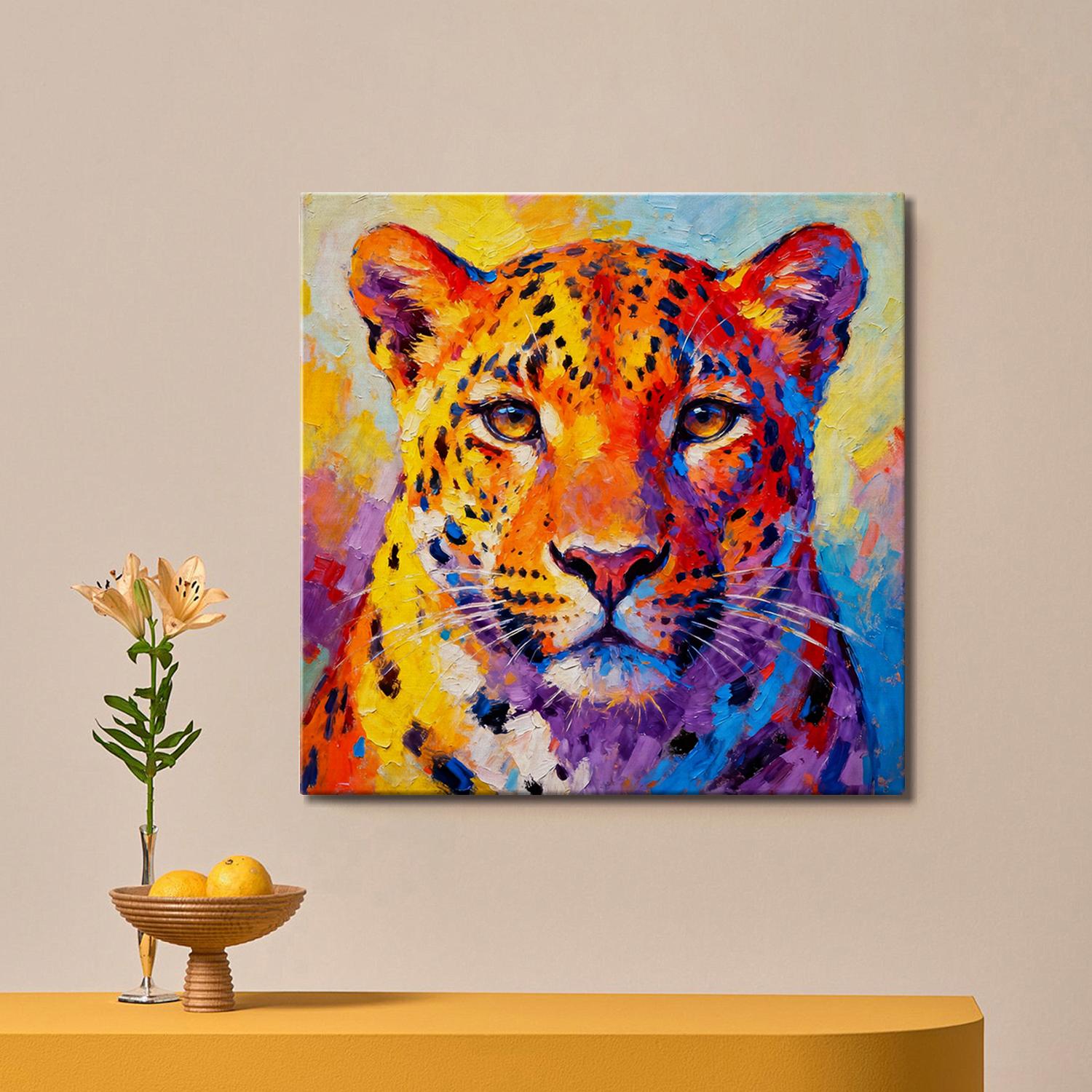 wall art canvas above the table painting depicts a vibrantly colored leopard.