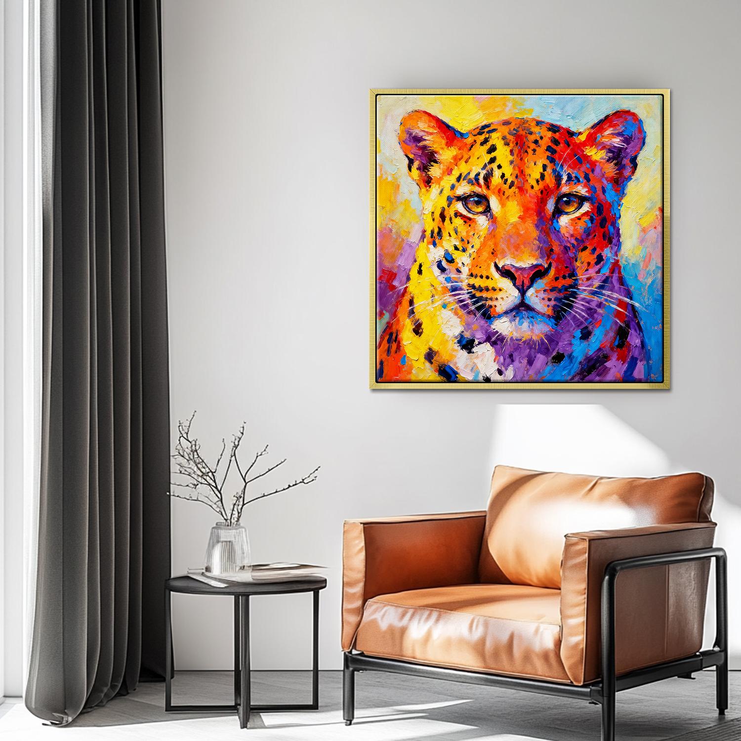 gold frame wall art canvas painting depicts a vibrantly colored leopard.