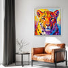 white frame wall art canvas painting depicts a vibrantly colored leopard.