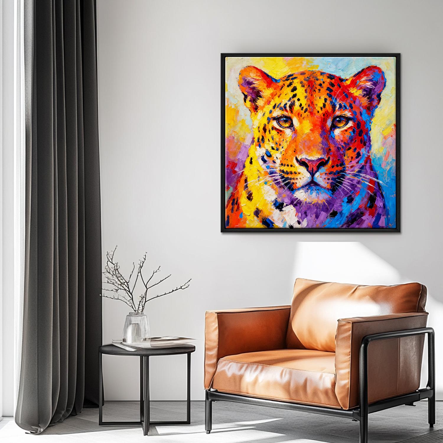 black frame wall art canvas painting depicts a vibrantly colored leopard.