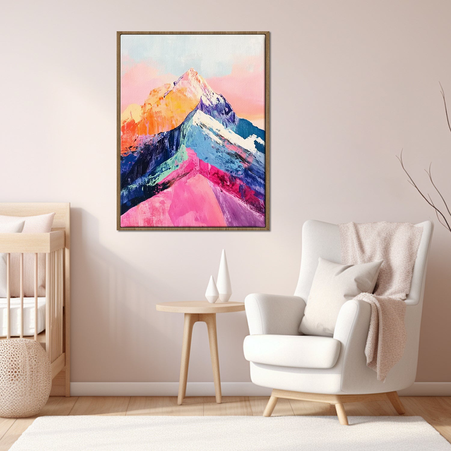 light oak frame abstract colorful mountains wall art painting in the living room
