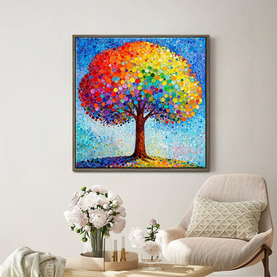 coffee frame wall art painting shows a colorful rainbow tree