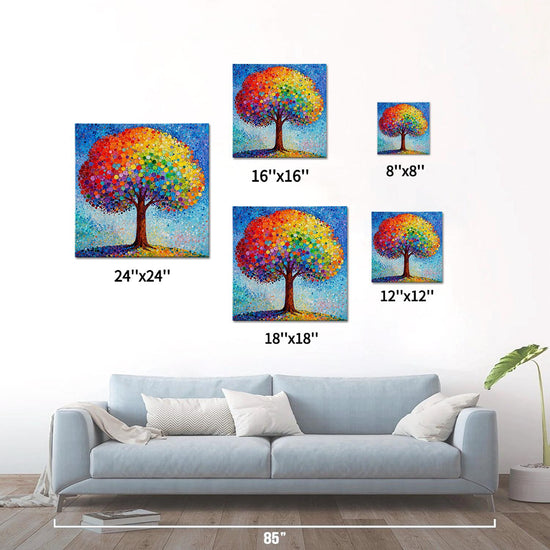 different size wall art painting shows a colorful rainbow tree