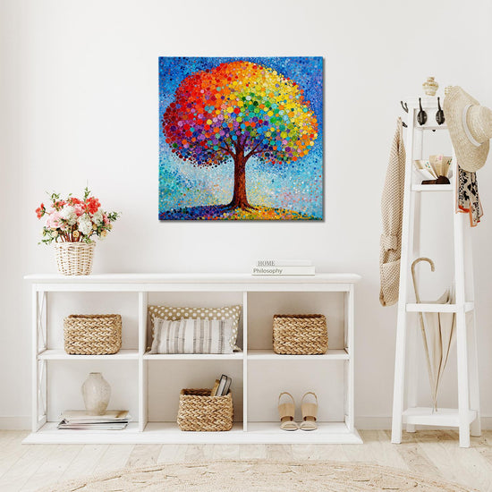 checkroom wall art painting shows a colorful rainbow tree