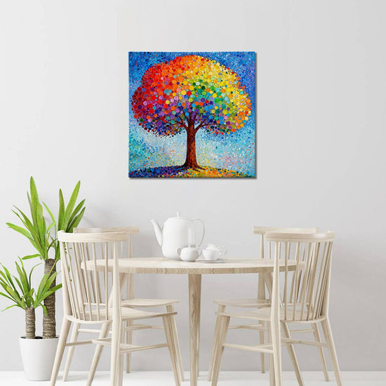 living room wall art painting shows a colorful rainbow tree