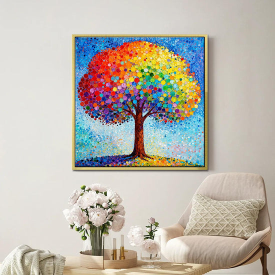 gold frame wall art painting shows a colorful rainbow tree