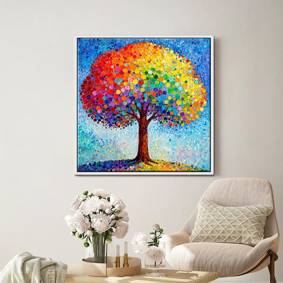 white frame wall art painting shows a colorful rainbow tree